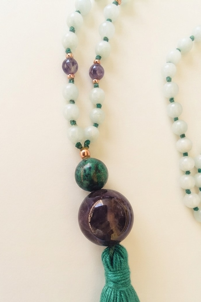 Mala con pietre dure naturali di Amazzonite, Ametista, Pietra guru Azzurrite, Ametista e Rame