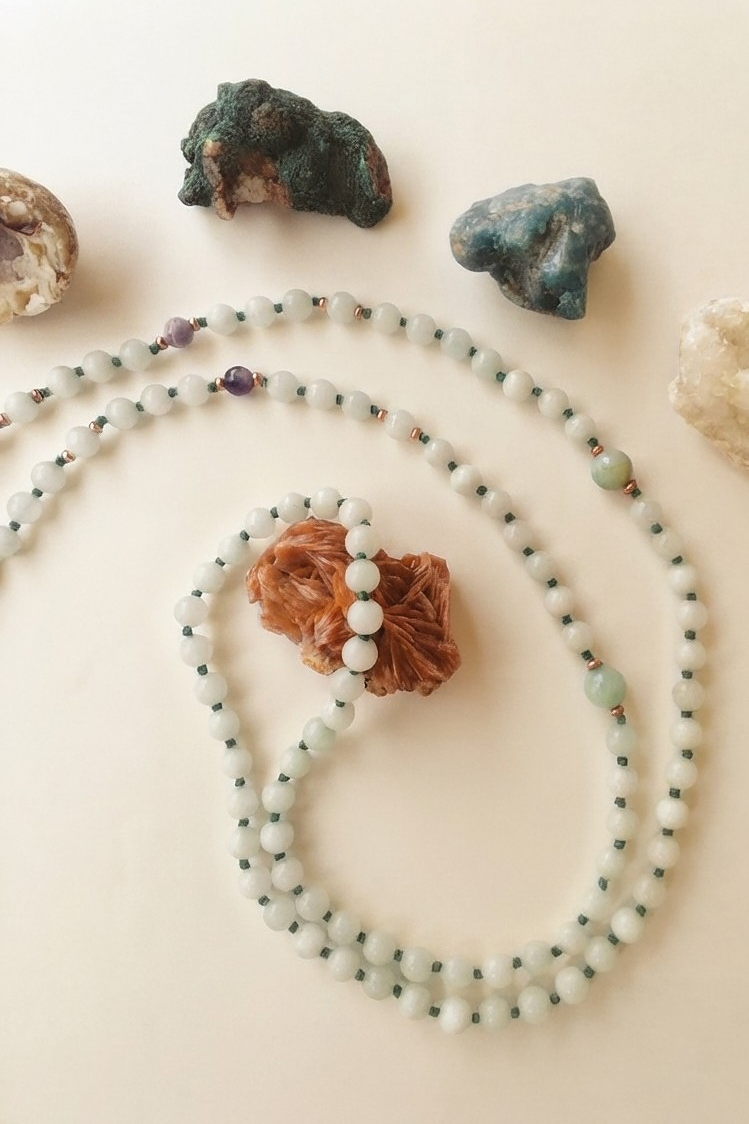 Mala con pietre dure naturali di Amazzonite, Ametista, Pietra guru Azzurrite, Ametista e Rame