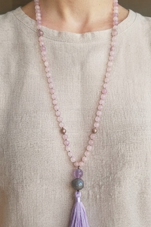 Mala da meditazione in Kunzite, Perla Guru in Ametista lavanda, Agata grigia e rame