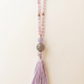 Mala da meditazione in Kunzite, Perla Guru in Ametista lavanda, Agata grigia e rame