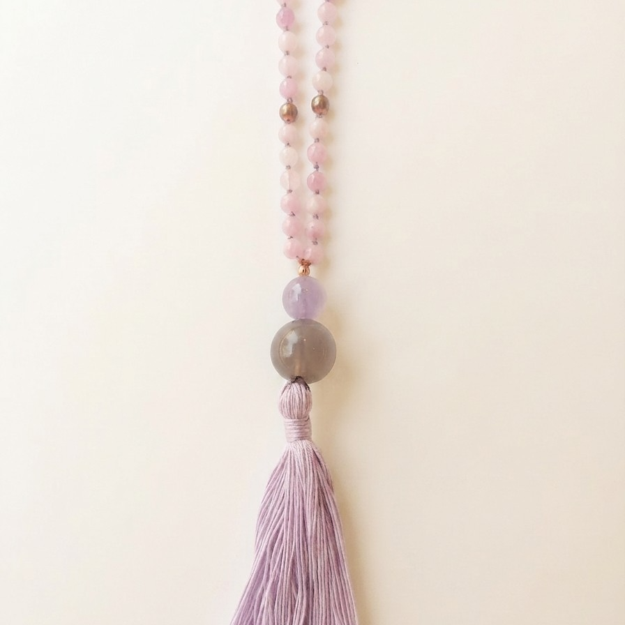 Mala da meditazione in Kunzite, Perla Guru in Ametista lavanda, Agata grigia e rame