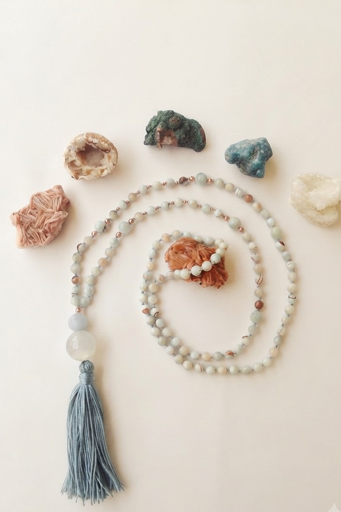 Mala da meditazione in Calcedonio azzurro, Pietra Guru Acquamarina, Agata bianca Rame