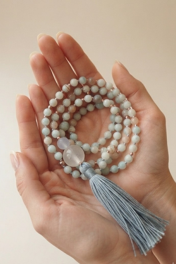 Mala da meditazione in Calcedonio azzurro, Pietra Guru Acquamarina, Agata bianca Rame