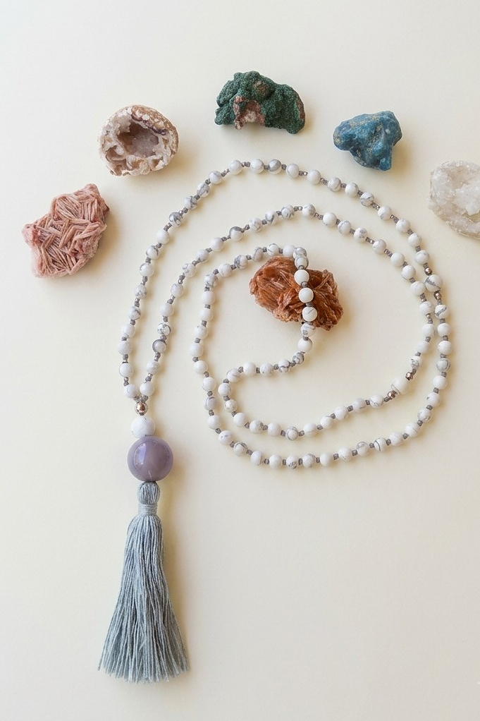 Mala da meditazione in Agata Grigia e Howlite con dettagli in Argento 925