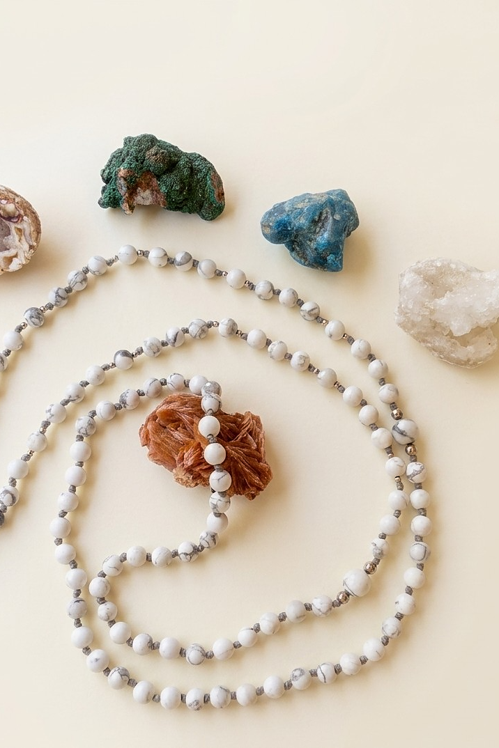 Mala da meditazione in Agata Grigia e Howlite con dettagli in Argento 925