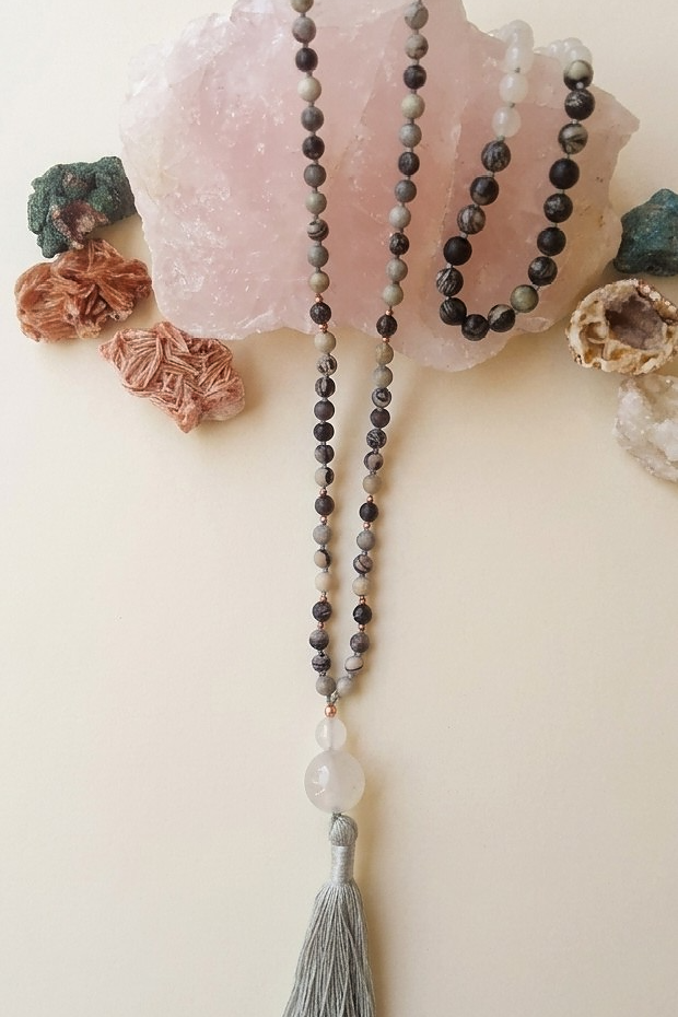 Mala in Diaspro zebrato, Agata bianca, Pietra Guru Agata bianca, Rame