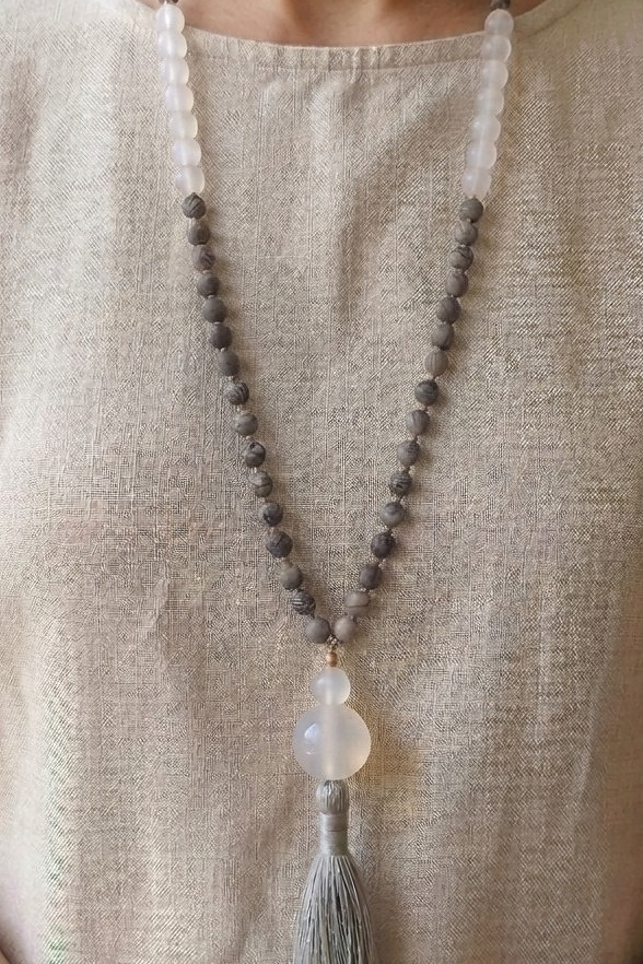 Mala in Diaspro zebrato, Agata bianca, Pietra Guru Agata bianca, Rame