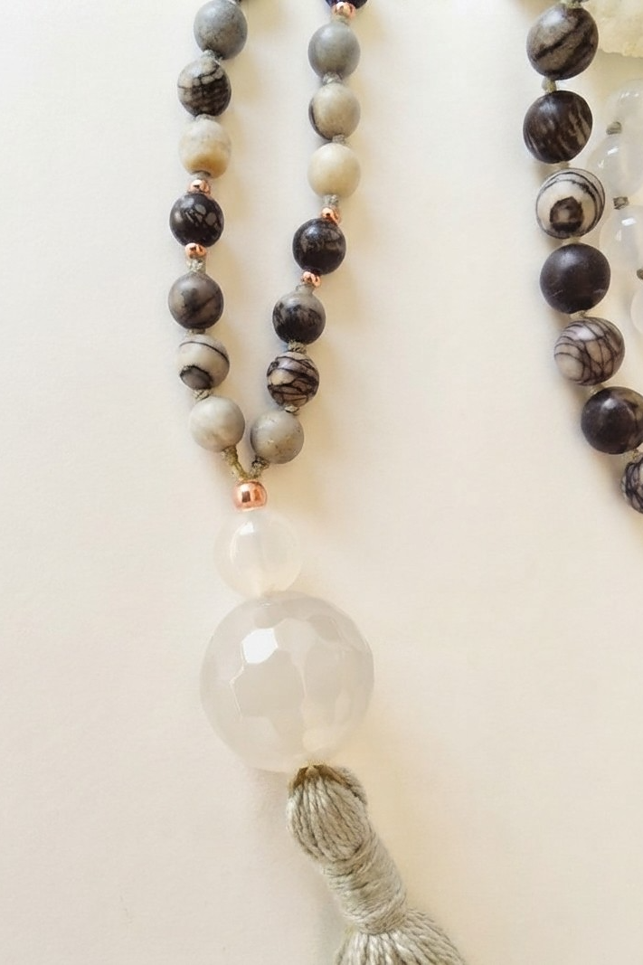 Mala in Diaspro zebrato, Agata bianca, Pietra Guru Agata bianca, Rame