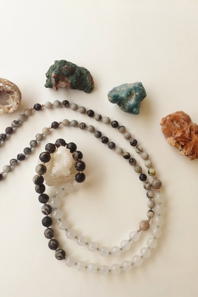 Mala in Diaspro zebrato, Agata bianca, Pietra Guru Agata bianca, Rame