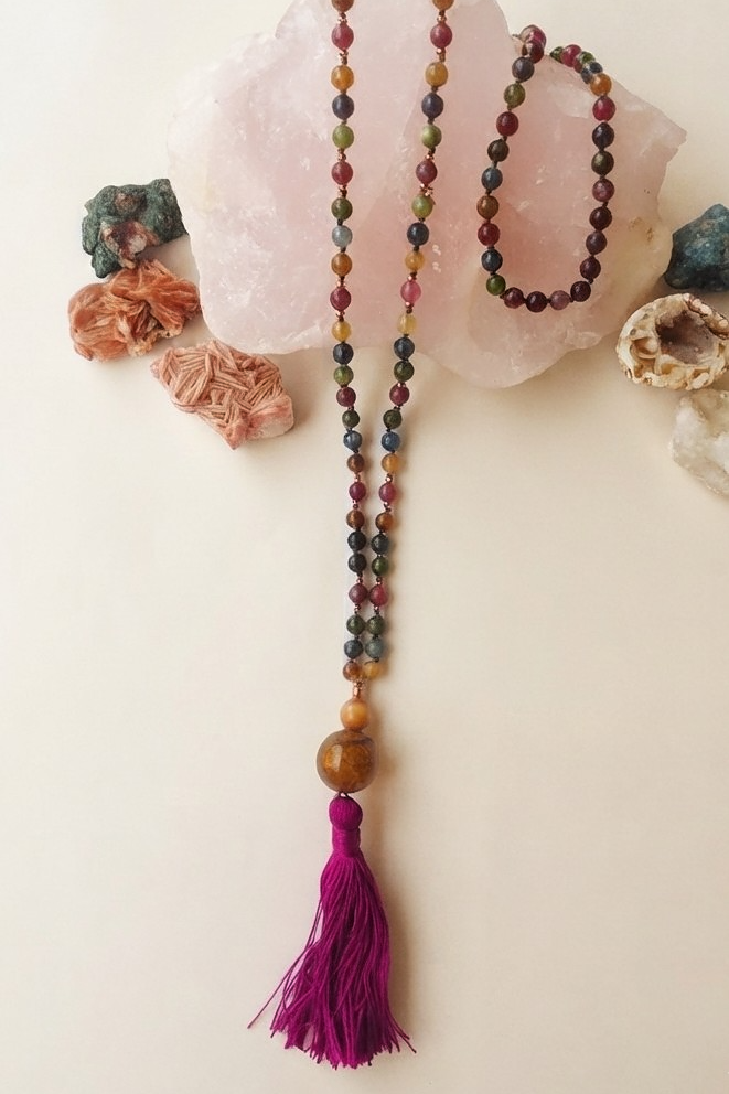 Mala collana 108 perle di Tormalina vari colori, Pietra Guru Occhio di tigre dorato, Agata gialla, Rame
