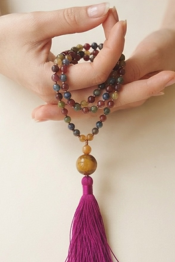 Mala collana 108 perle di Tormalina vari colori, Pietra Guru Occhio di tigre dorato, Agata gialla, Rame