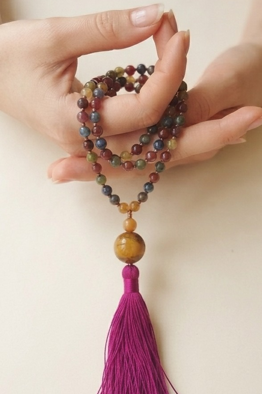 Mala collana 108 perle di Tormalina vari colori, Pietra Guru Occhio di tigre dorato, Agata gialla, Rame