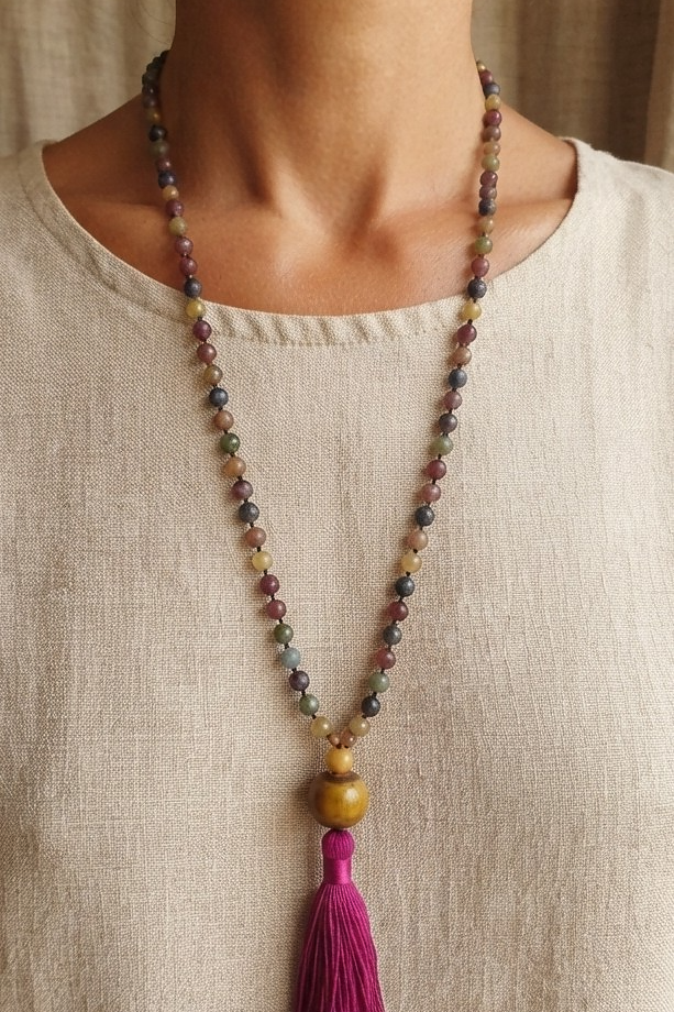 Mala collana 108 perle di Tormalina vari colori, Pietra Guru Occhio di tigre dorato, Agata gialla, Rame