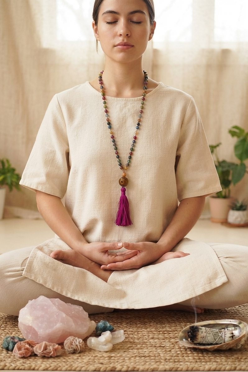 Mala collana 108 perle di Tormalina vari colori, Pietra Guru Occhio di tigre dorato, Agata gialla, Rame