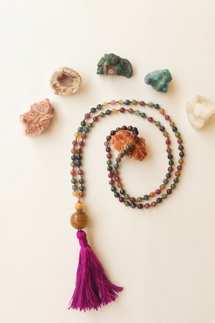 Mala collana 108 perle di Tormalina vari colori, Pietra Guru Occhio di tigre dorato, Agata gialla, Rame