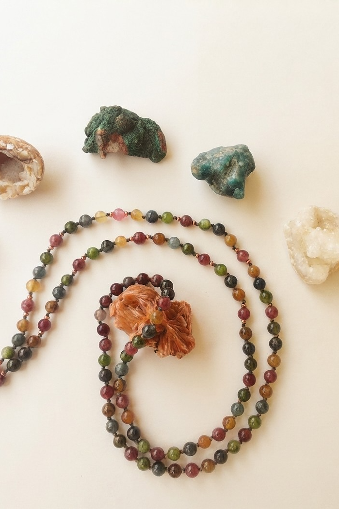 Mala collana 108 perle di Tormalina vari colori, Pietra Guru Occhio di tigre dorato, Agata gialla, Rame