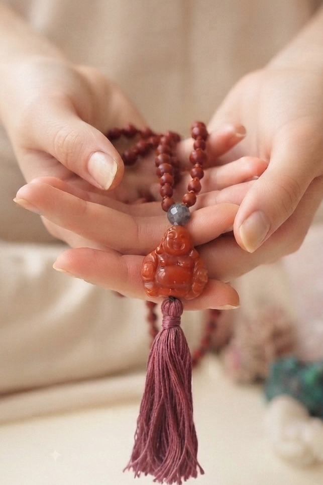 Mala in Diaspro rosso, Pietra Guru Buddha che sorride in Corniola rossa, Rame