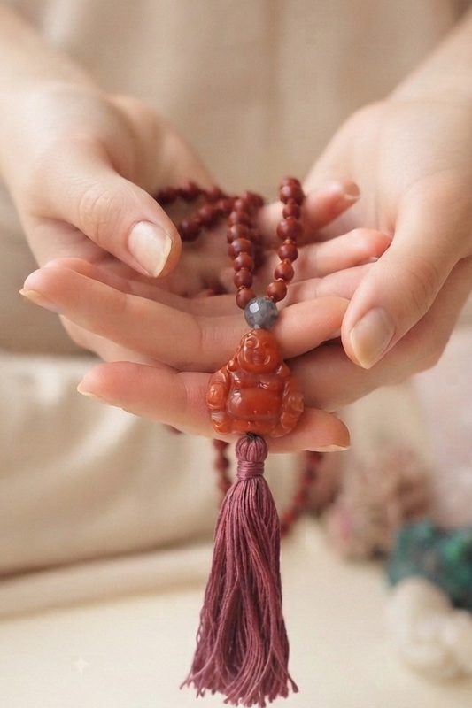 Mala in Diaspro rosso, Pietra Guru Buddha che sorride in Corniola rossa, Rame