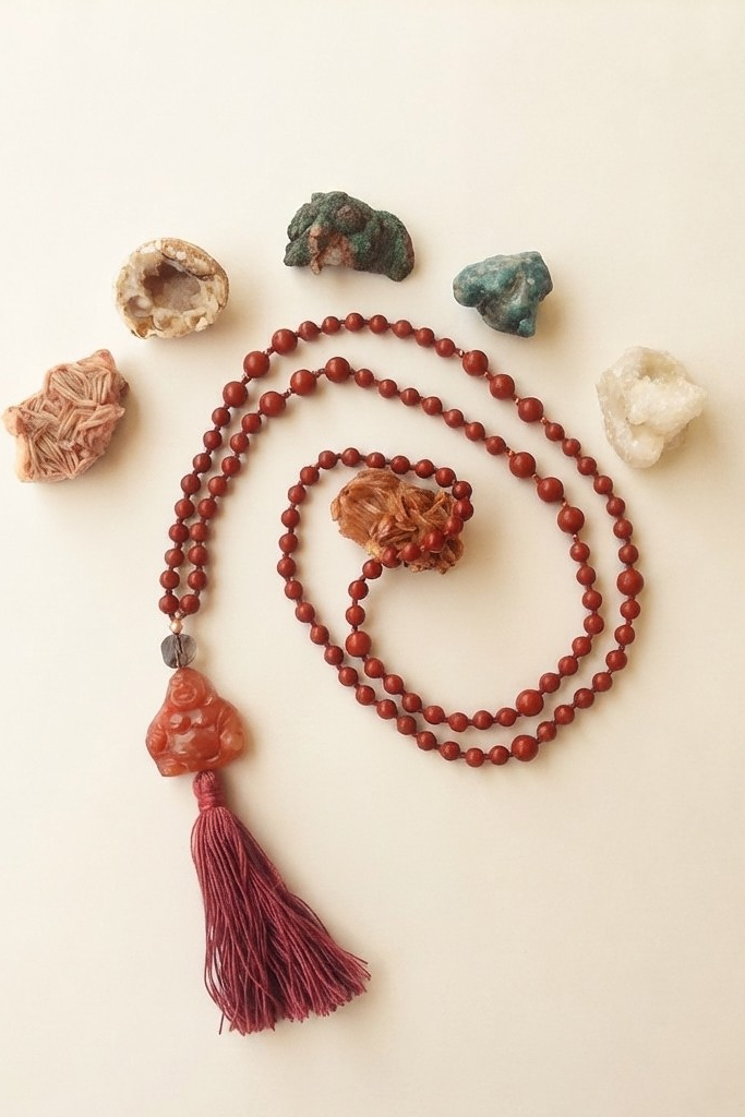 Mala in Diaspro rosso, Pietra Guru Buddha che sorride in Corniola rossa, Rame