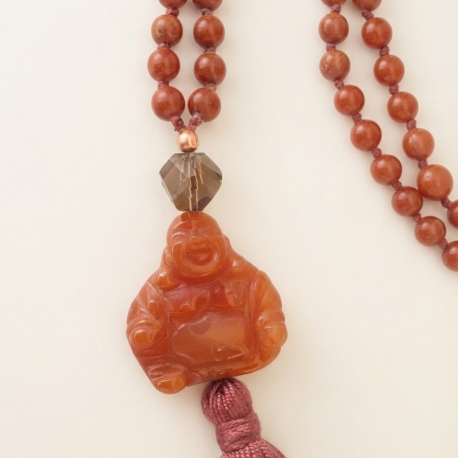 Mala in Diaspro rosso, Pietra Guru Buddha che sorride in Corniola rossa, Rame