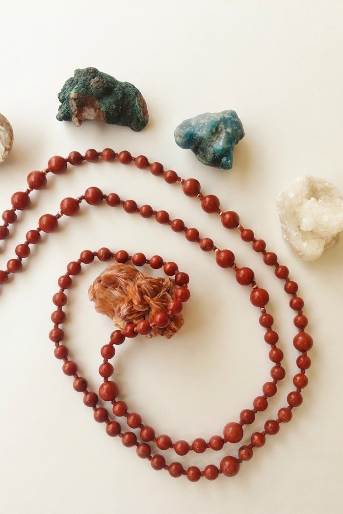 Mala in Diaspro rosso, Pietra Guru Buddha che sorride in Corniola rossa, Rame