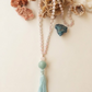 Mala collana con 108 perle di Kunzite, Pietra Guru Quarzo rosa e amazzonite, Rame