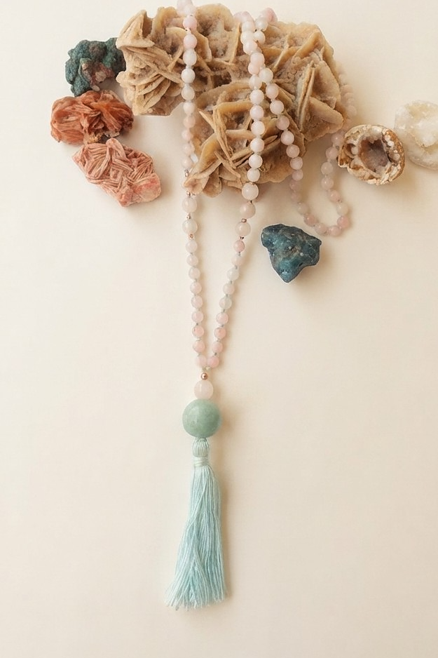 Mala collana con 108 perle di Kunzite, Pietra Guru Quarzo rosa e amazzonite, Rame