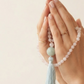 Mala collana con 108 perle di Kunzite, Pietra Guru Quarzo rosa e amazzonite, Rame