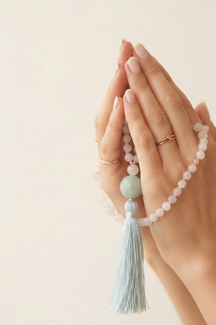 Mala collana con 108 perle di Kunzite, Pietra Guru Quarzo rosa e amazzonite, Rame