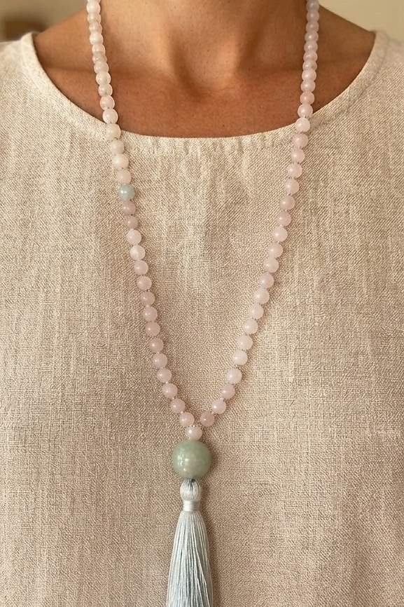 Mala collana con 108 perle di Kunzite, Pietra Guru Quarzo rosa e amazzonite, Rame