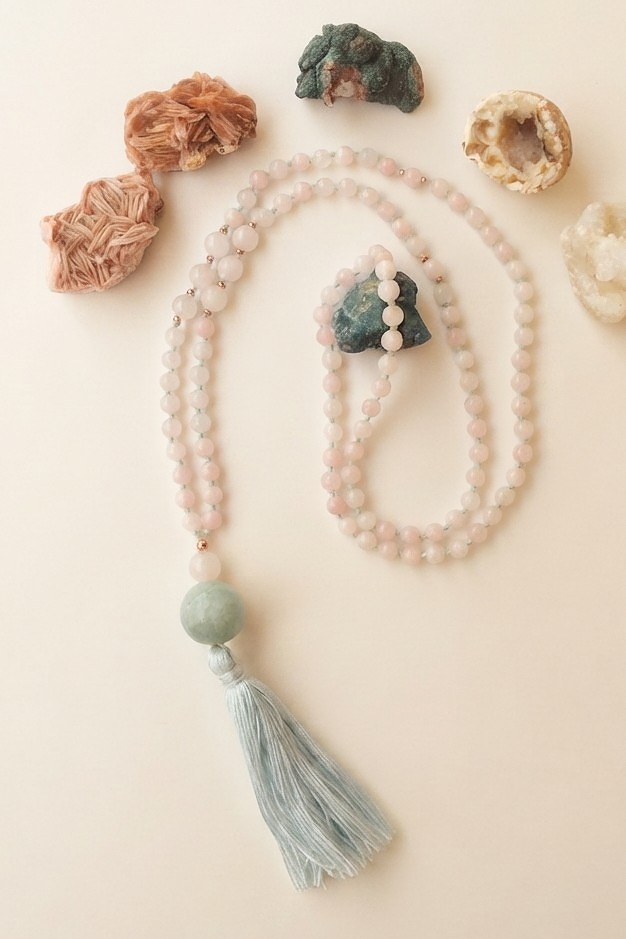 Mala collana con 108 perle di Kunzite, Pietra Guru Quarzo rosa e amazzonite, Rame