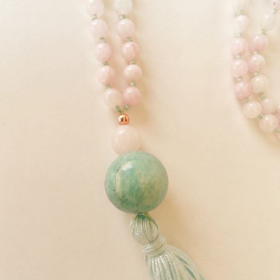 Mala collana con 108 perle di Kunzite, Pietra Guru Quarzo rosa e amazzonite, Rame