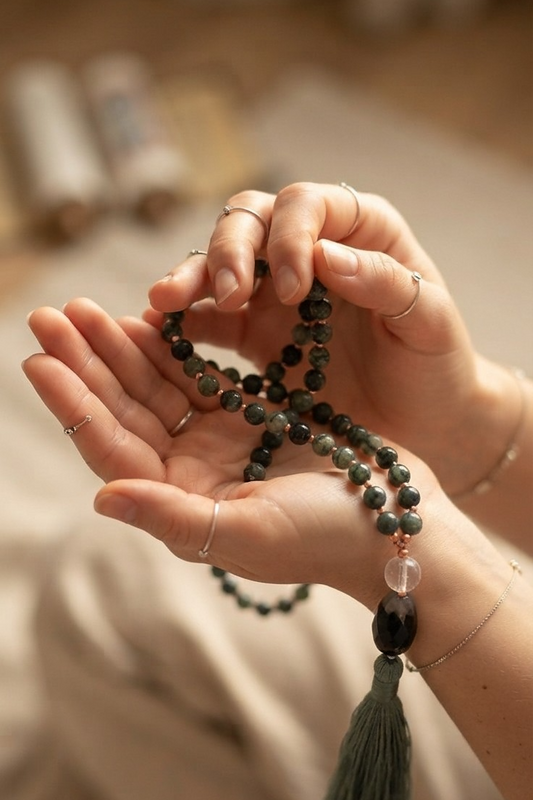 Mala in Diaspro Kambaba, Pietra guru Agata verde, Rame