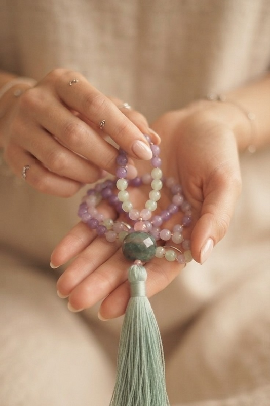 Mala collana con 108 perle di Kunzite, Giadeite, Pietra Guru Agata verde, Rame