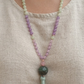 Mala collana con 108 perle di Kunzite, Giadeite, Pietra Guru Agata verde, Rame