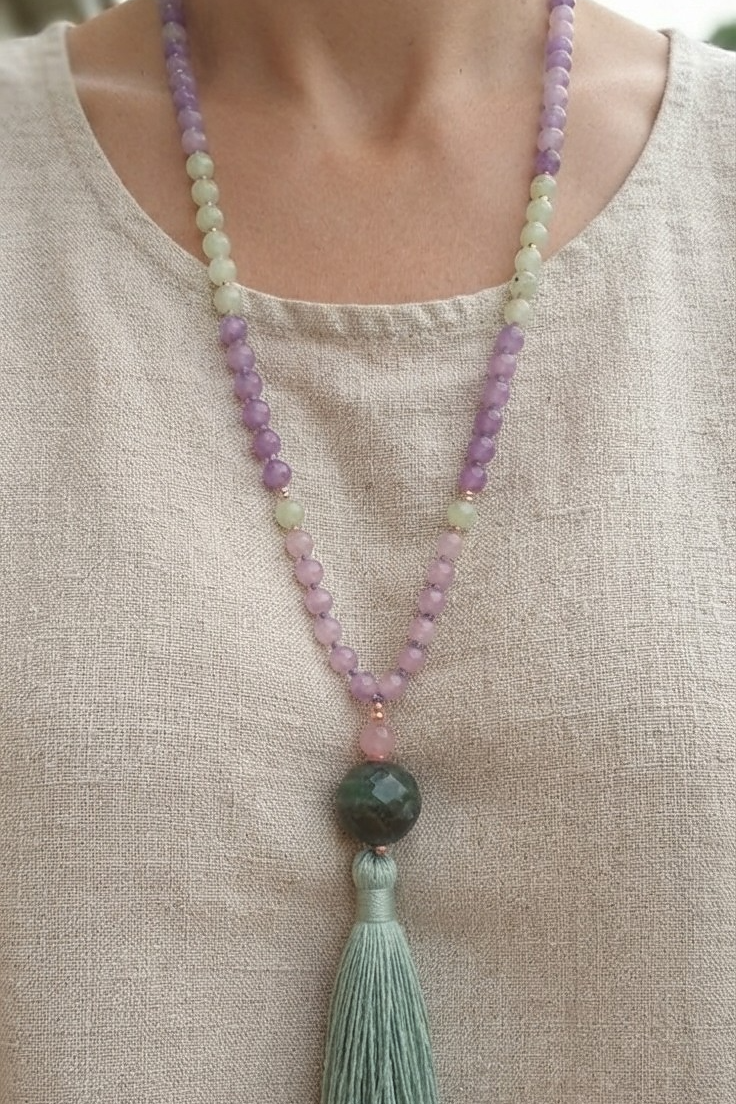 Mala collana con 108 perle di Kunzite, Giadeite, Pietra Guru Agata verde, Rame