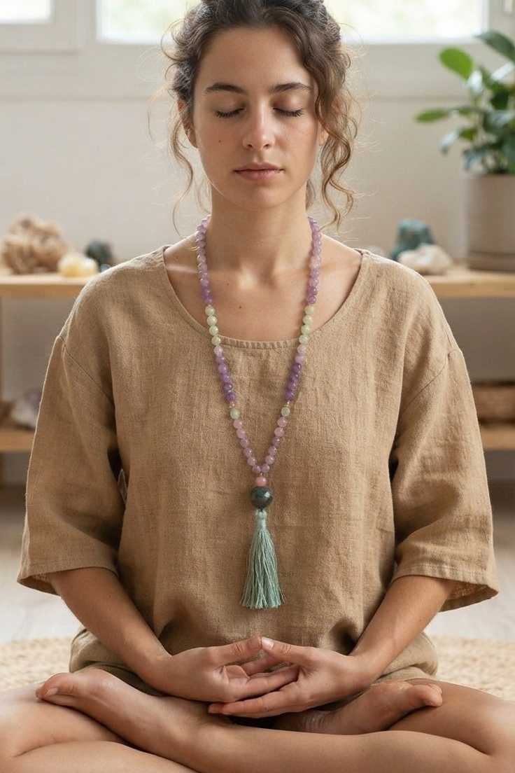 Mala collana con 108 perle di Kunzite, Giadeite, Pietra Guru Agata verde, Rame