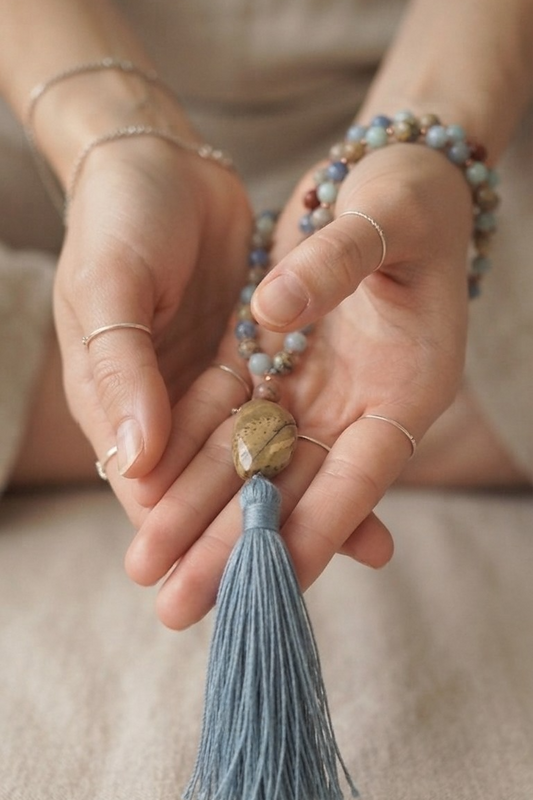 Mala per la meditazione in Diaspro imperiale, Pietra Guru Diaspro, Rame