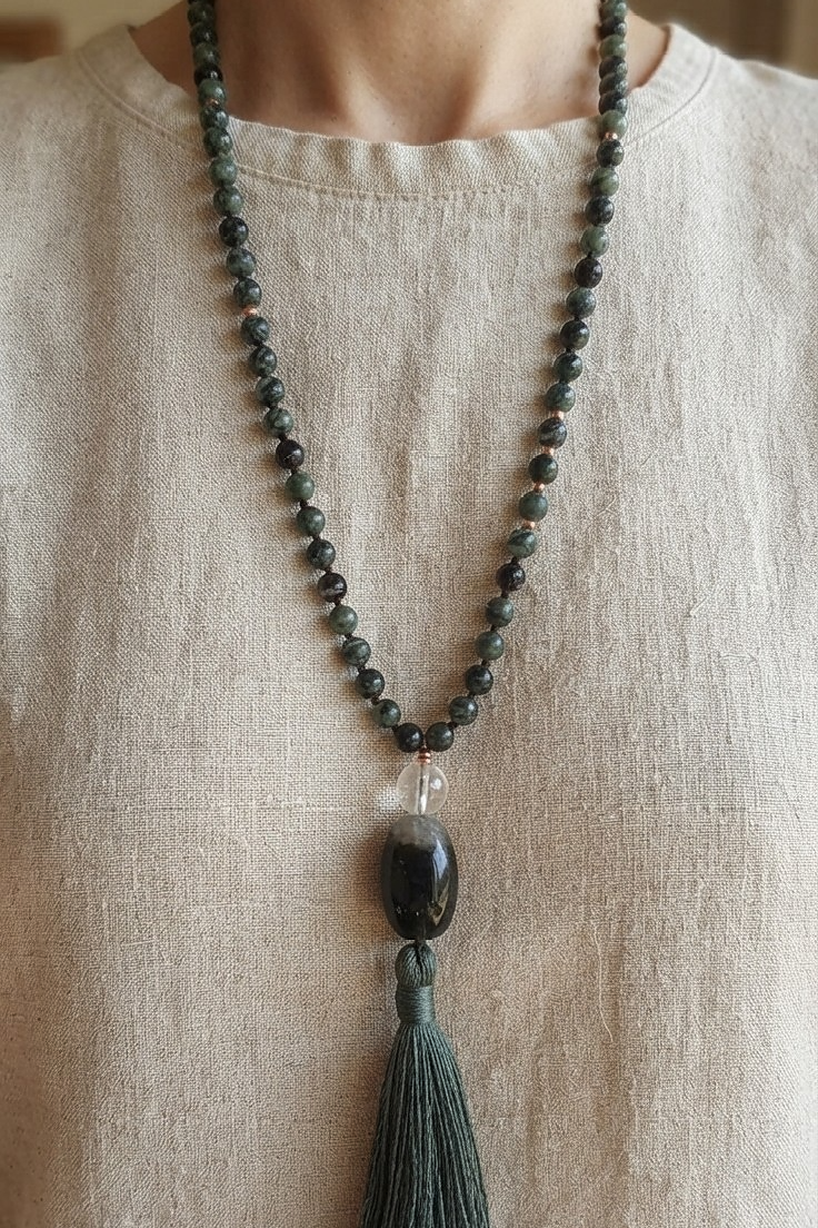 Mala in Diaspro Kambaba, Pietra guru Agata verde, Rame