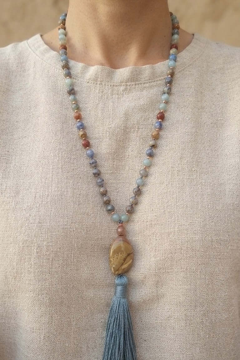 Mala per la meditazione in Diaspro imperiale, Pietra Guru Diaspro, Rame