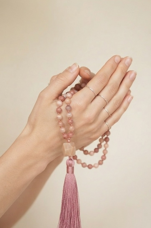 Mala 108 in Rodonite, Magnesite, Pietra Guru Agata bianca e Rame