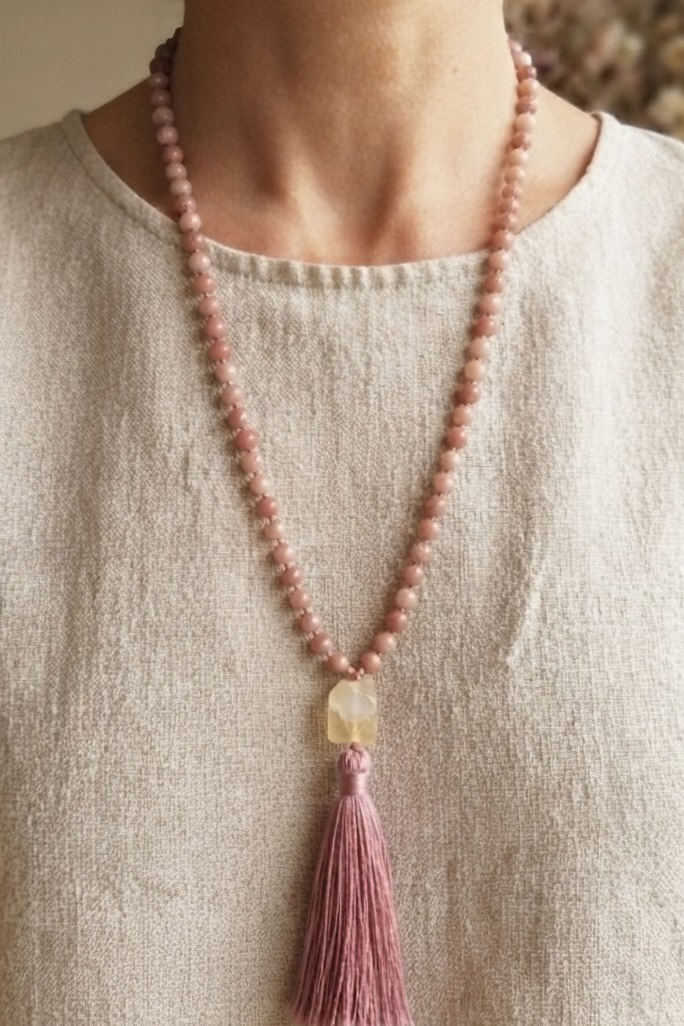 Mala 108 in Rodonite, Magnesite, Pietra Guru Agata bianca e Rame