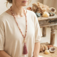 Mala 108 in Rodonite, Magnesite, Pietra Guru Agata bianca e Rame