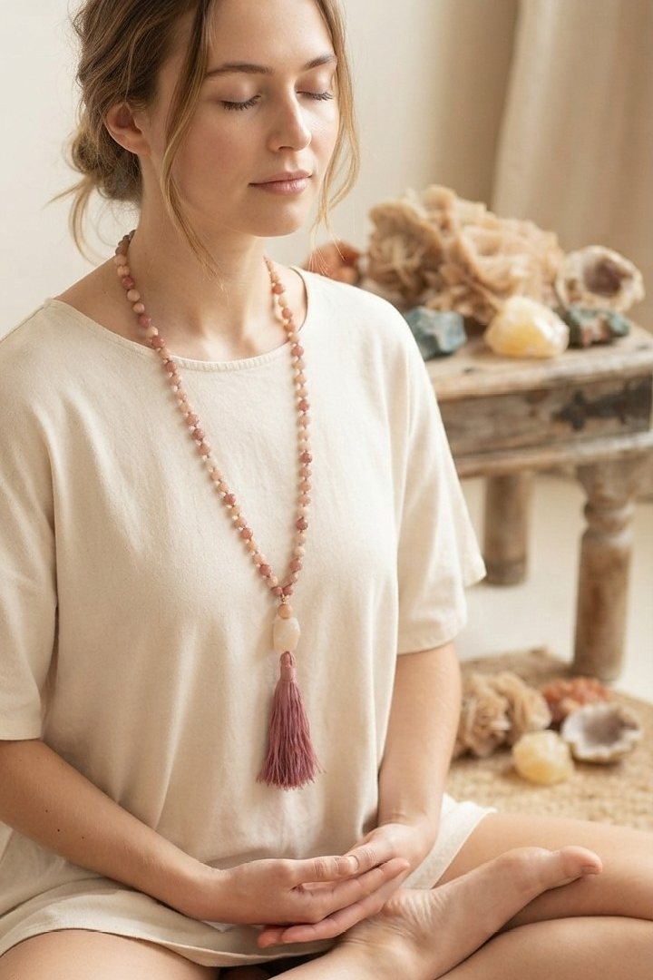 Mala 108 in Rodonite, Magnesite, Pietra Guru Agata bianca e Rame
