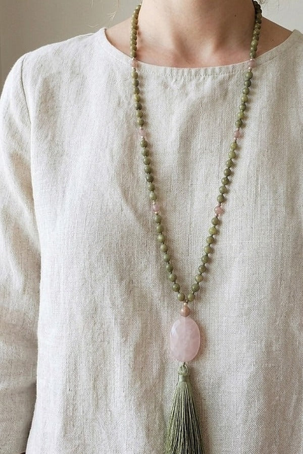 Mala da meditazione in Diaspro Verde, Pietra di Luna Nera, Calcite e Rame – 108 perle