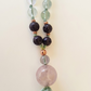 Mala da meditazione artigianale in Fluorite e Pietra Lavica, Pietra Guru in Ametista Lavanda con Olio Essenziale – 108 perle