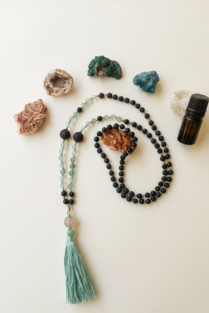 Mala da meditazione artigianale in Fluorite e Pietra Lavica, Pietra Guru in Ametista Lavanda con Olio Essenziale – 108 perle