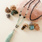 Mala da meditazione artigianale in Fluorite e Pietra Lavica, Pietra Guru in Ametista Lavanda con Olio Essenziale – 108 perle