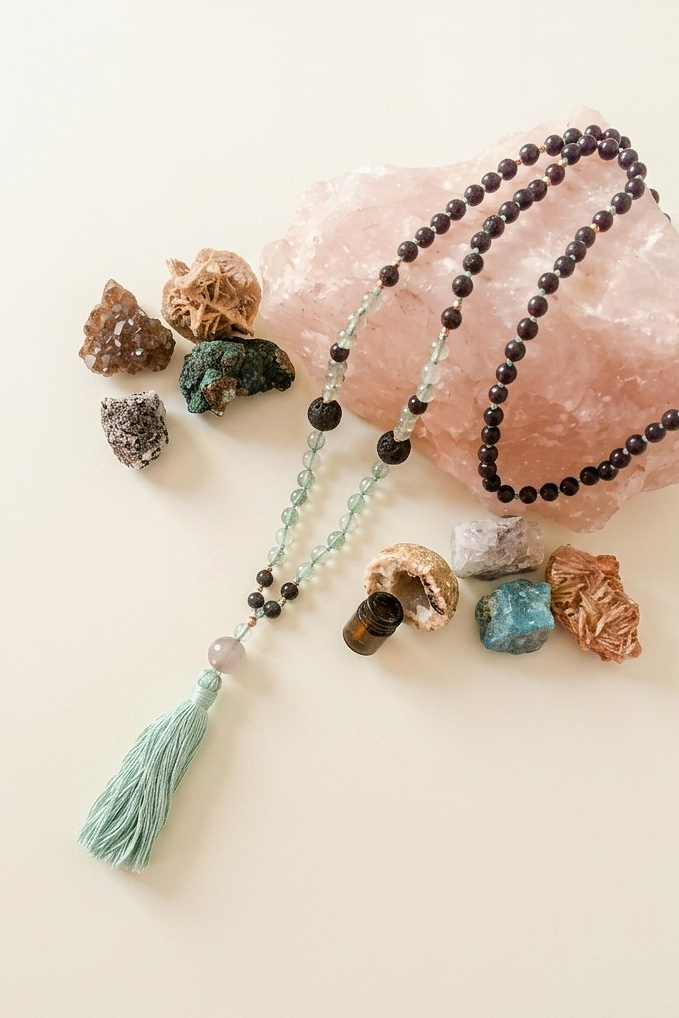 Mala da meditazione artigianale in Fluorite e Pietra Lavica, Pietra Guru in Ametista Lavanda con Olio Essenziale – 108 perle