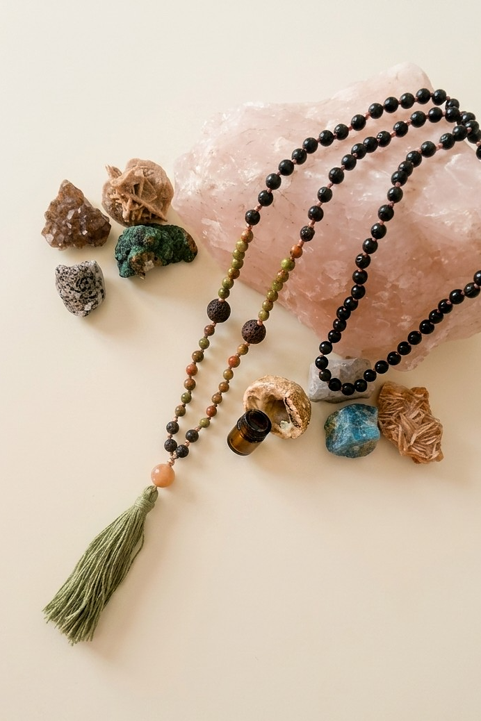 Mala da meditazione artigianale in Pietra Lavica, Rodonite e Unakite, Pietra Guru in Pietra di Luna Pesca con Olio Essenziale – 108 perle